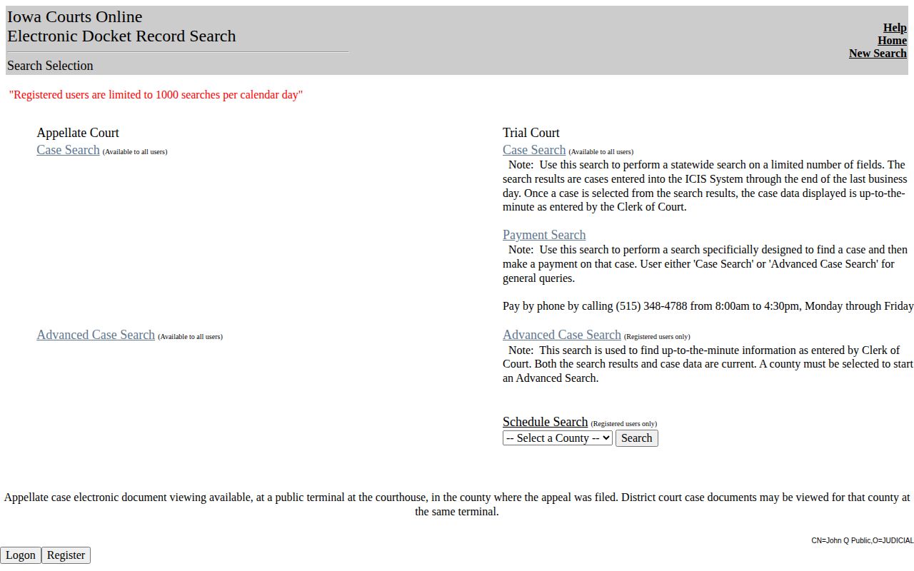 Iowa Courts Online case search interface