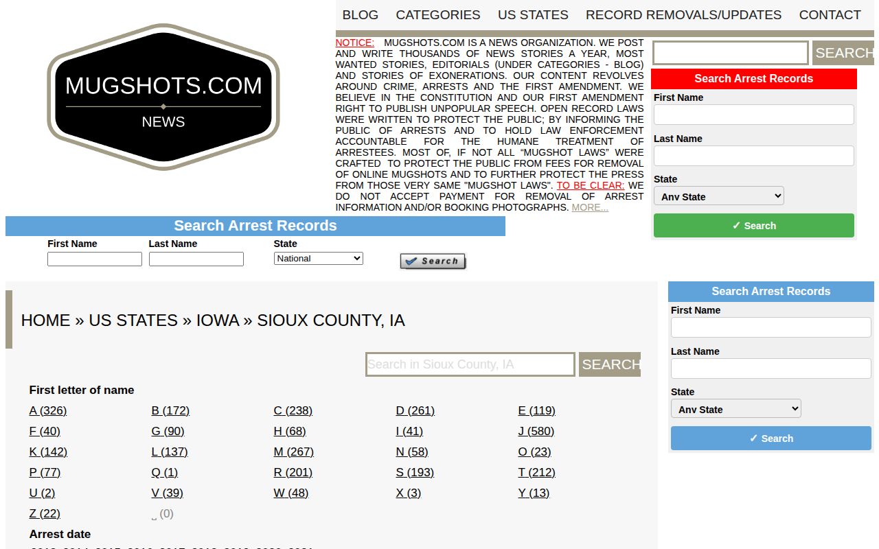 Historical stale Mugshots.com Sioux County arrest archive