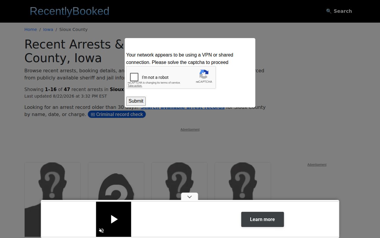 Unofficial Recently Booked Sioux County mugshot news section